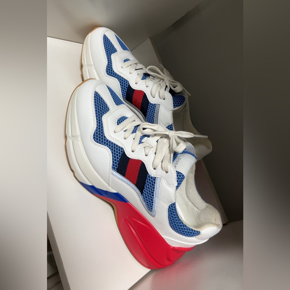 Gucci Rhyton Sneakers White Blue Red Web Stripe Size 6